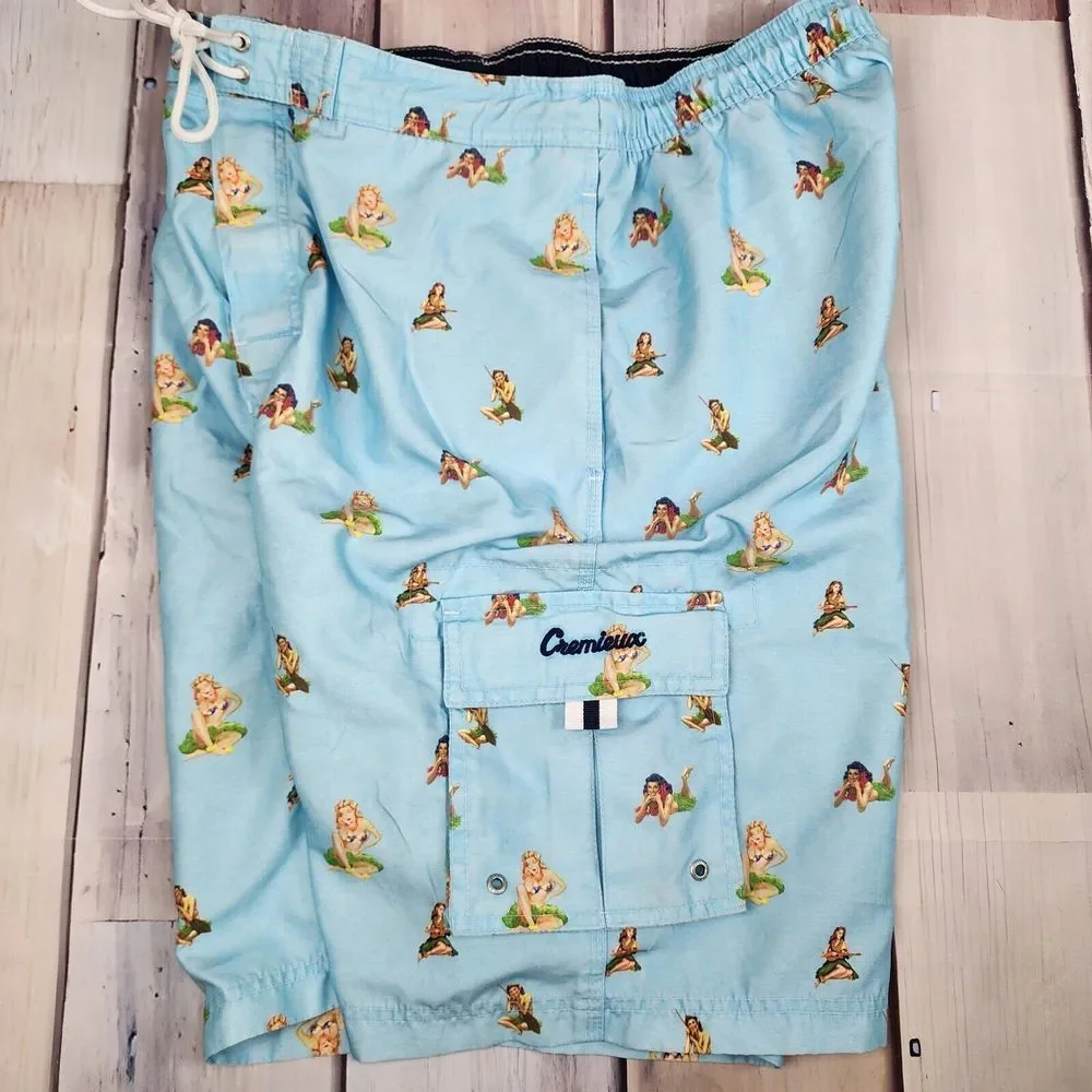 Daniel Cremieux Mens Large Surf Gear Board Shorts Blue Hula Girls Hawaiian Cargo